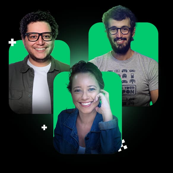 Imagem dos instrutores da Imersão Dev da Alura, apresentando, da esquerda para a direita, André David, Fernanda Degolin e Paulo Silveira. Eles estão sorrindo com um fundo azul ao fundo e cada um vestindo camisas casuais.